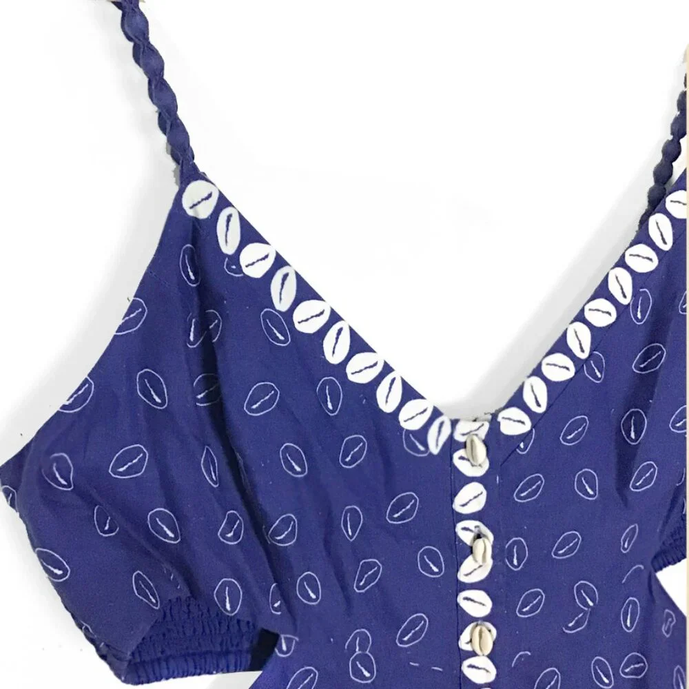 Farm Rio Mixed Ondina Blue Midi Cut out Ruched Sided Buttoned Down Maxi Dress - Picture 5 of 16